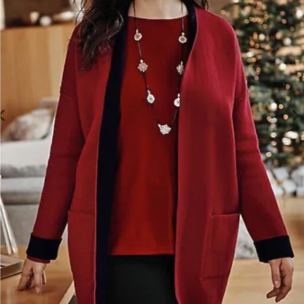 AUSTIN REED WOMENS Medium Reversible Unlined Open Front Cardigan Black& Red Wool